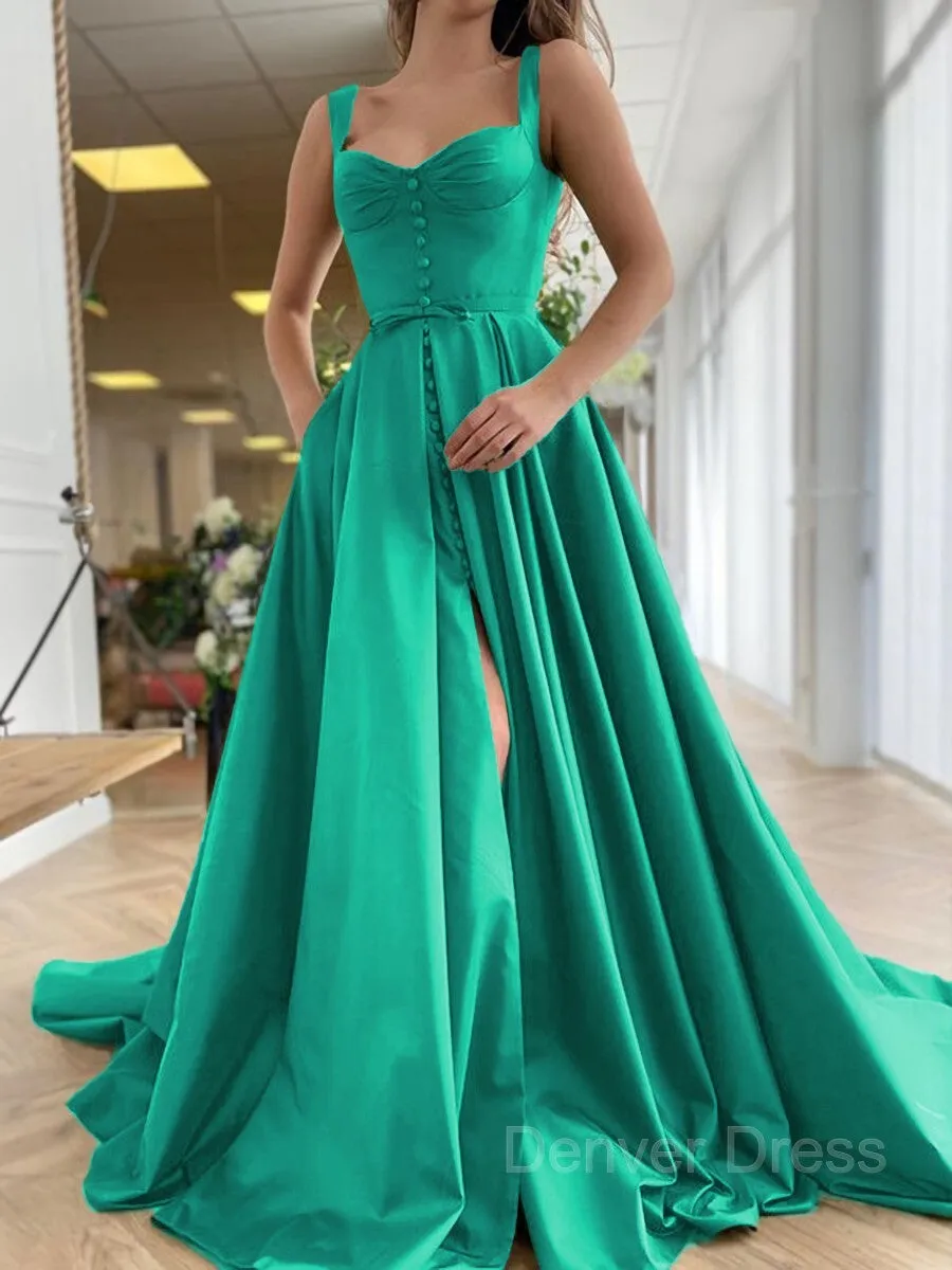 A-Line Straps Court Train Satin Prom Dresses With Pockets