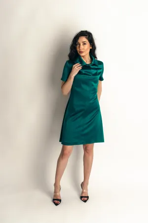 “Maggie“ Shirt Collar Dress In Emerald Satin