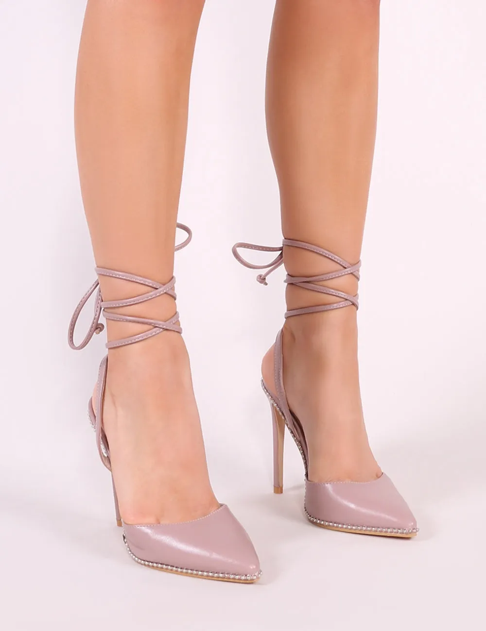 Qween Stud Lace Up Court Heels in Blush Pink