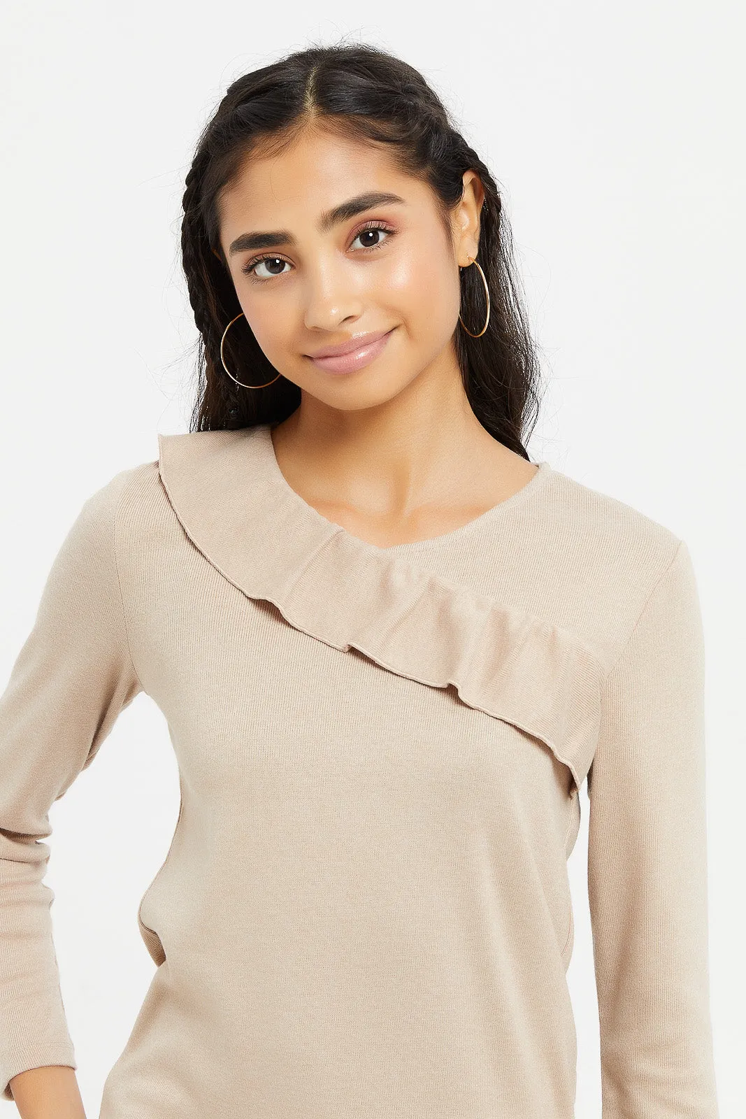 Senior Girls Beige Ruffled Front Top