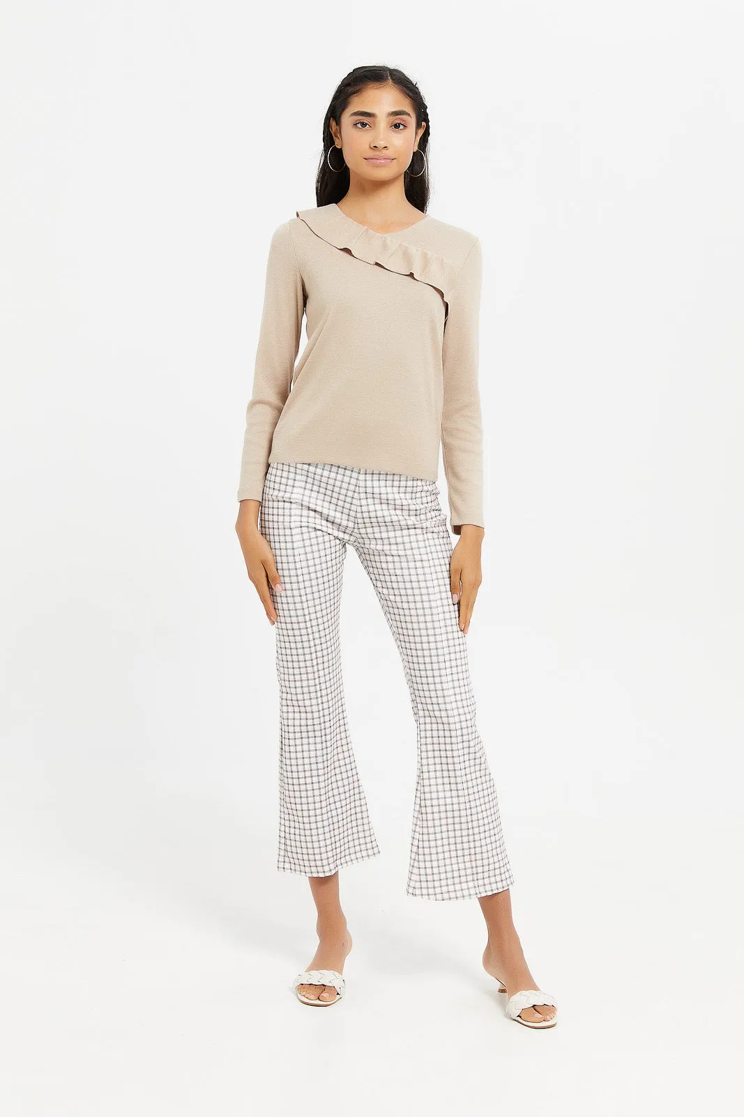 Senior Girls Beige Ruffled Front Top