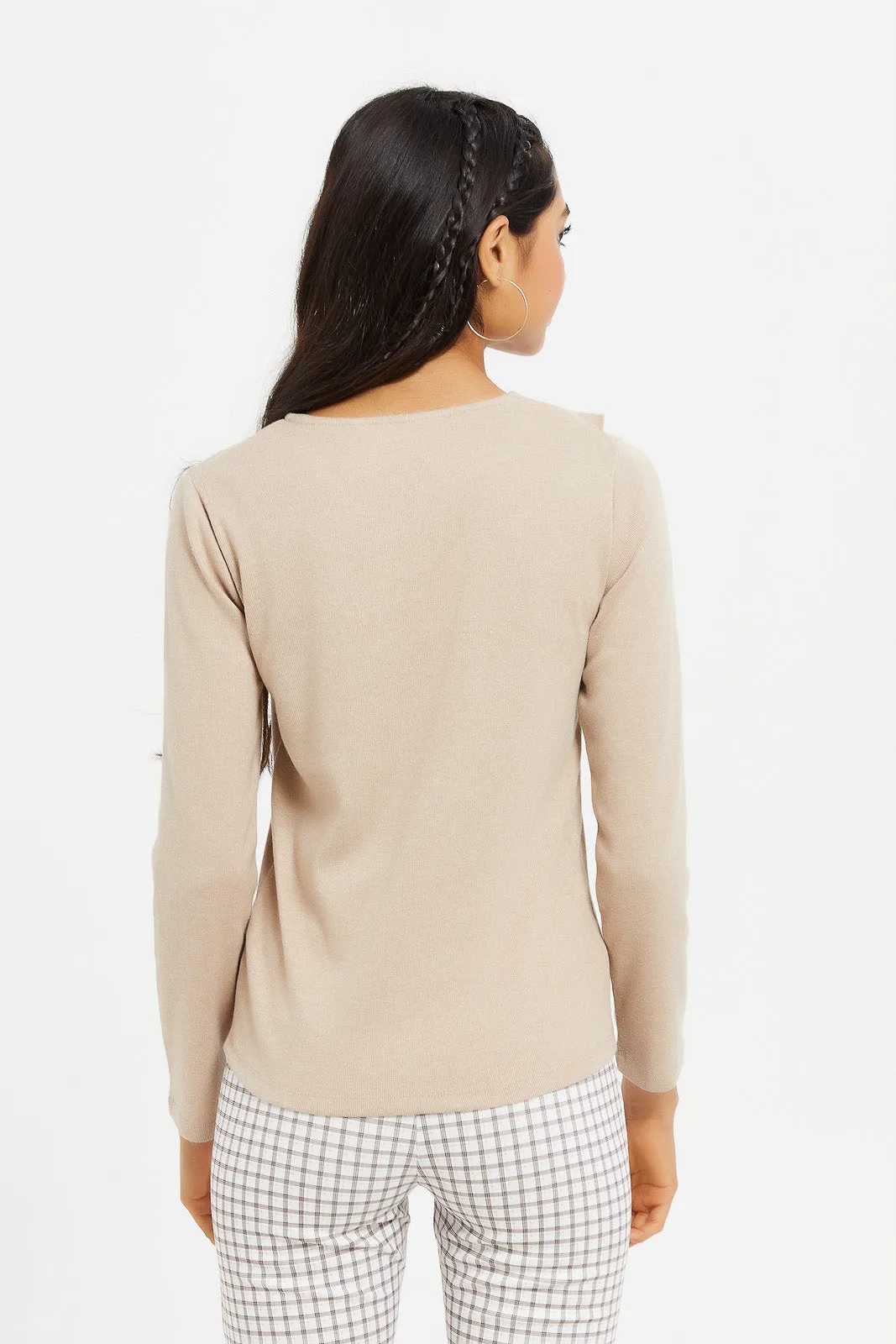 Senior Girls Beige Ruffled Front Top