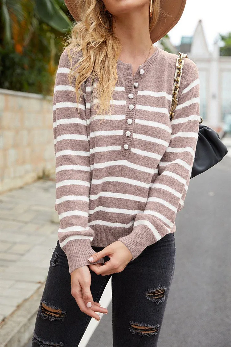 Striped Button Down  Cute Sweaters Knit Pullover