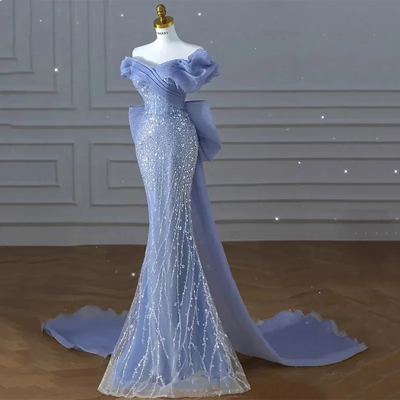 Uniwim Luxury Blue Prom Dresses Off The Shoulder V Neck Beading Sequins Mermaid Detachable Bow Train Pleated Evening Gowns Vestidos New