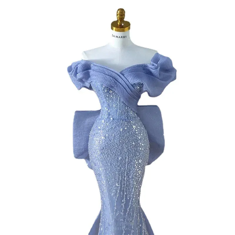 Uniwim Luxury Blue Prom Dresses Off The Shoulder V Neck Beading Sequins Mermaid Detachable Bow Train Pleated Evening Gowns Vestidos New