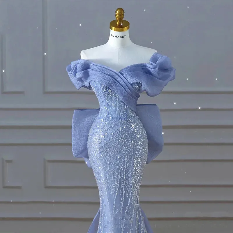 Uniwim Luxury Blue Prom Dresses Off The Shoulder V Neck Beading Sequins Mermaid Detachable Bow Train Pleated Evening Gowns Vestidos New