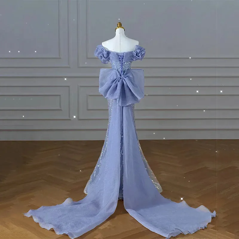 Uniwim Luxury Blue Prom Dresses Off The Shoulder V Neck Beading Sequins Mermaid Detachable Bow Train Pleated Evening Gowns Vestidos New