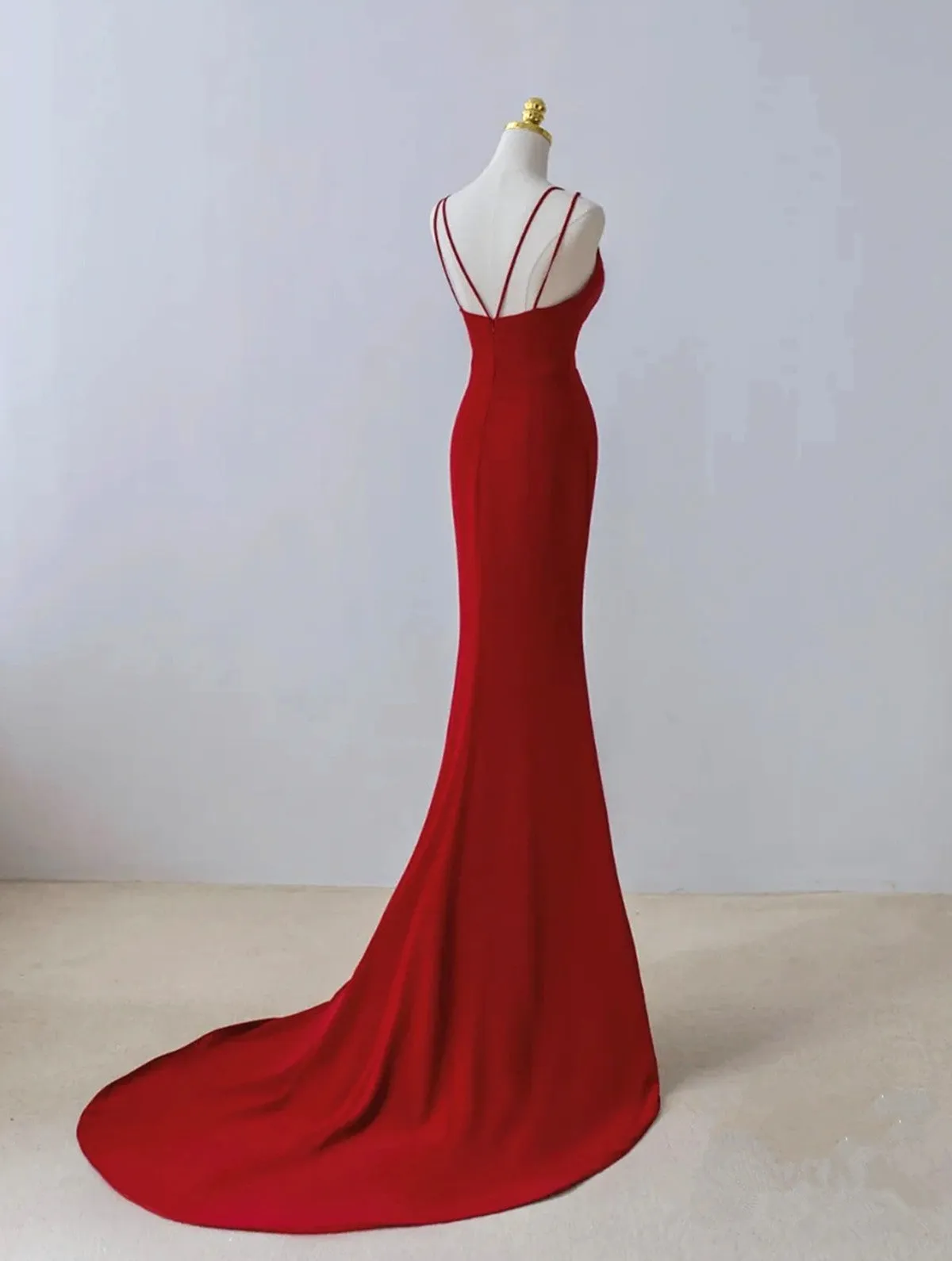 Uniwim Pretty Red Mermaid Straps Long Evening Dress with Leg Slit, Red Prom Dress