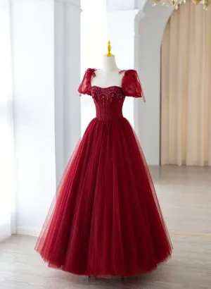 Wine Red Tulle A-line Beaded Long Formal Dress, Wine Red Tulle Prom Dress Wine Red Tulle A-line Beaded Long Formal Dress, Wine Red Tulle Prom Dress